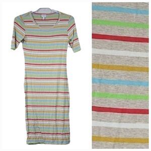 LuLaRoe Julia Dress Knit XXS Tan Striped Midi Knee Length Fitted Comfy Casual